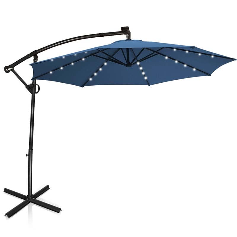 10 FT Patio Offset Umbrella with Solar Lights 360�� Rotation Outdoor Market Umbrella with Crank Handle & Cross Base