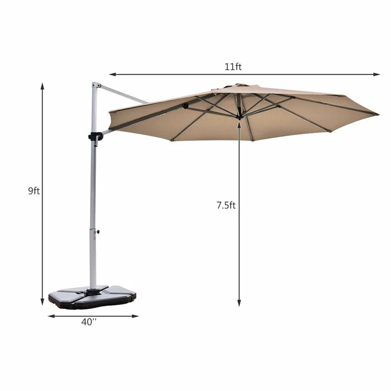 11 FT Patio Offset Cantilever Umbrella 360�� Rotation Tilt with Cross Base & Crank Handle