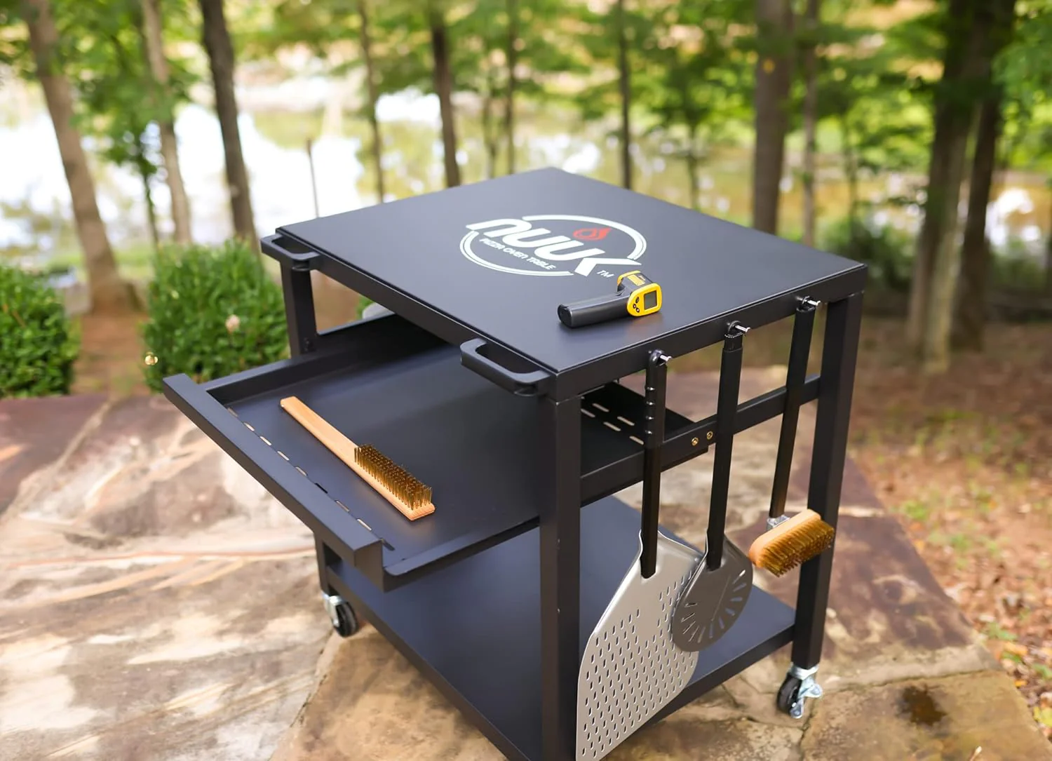 NUUK Outdoor Pizza Oven Table, Heavy Duty Rolling Prep Station with Three Shelves, 24���x30���, Stainless or Solid Steel