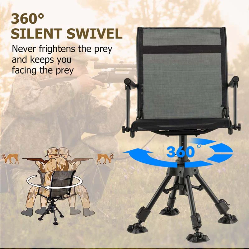 360�� Swivel Silent Folding Hunting Blind Chair for Shooting Fishing, Portable Sniper Seat with 4 Adjustable Legs, All-Terrain Foot Pads