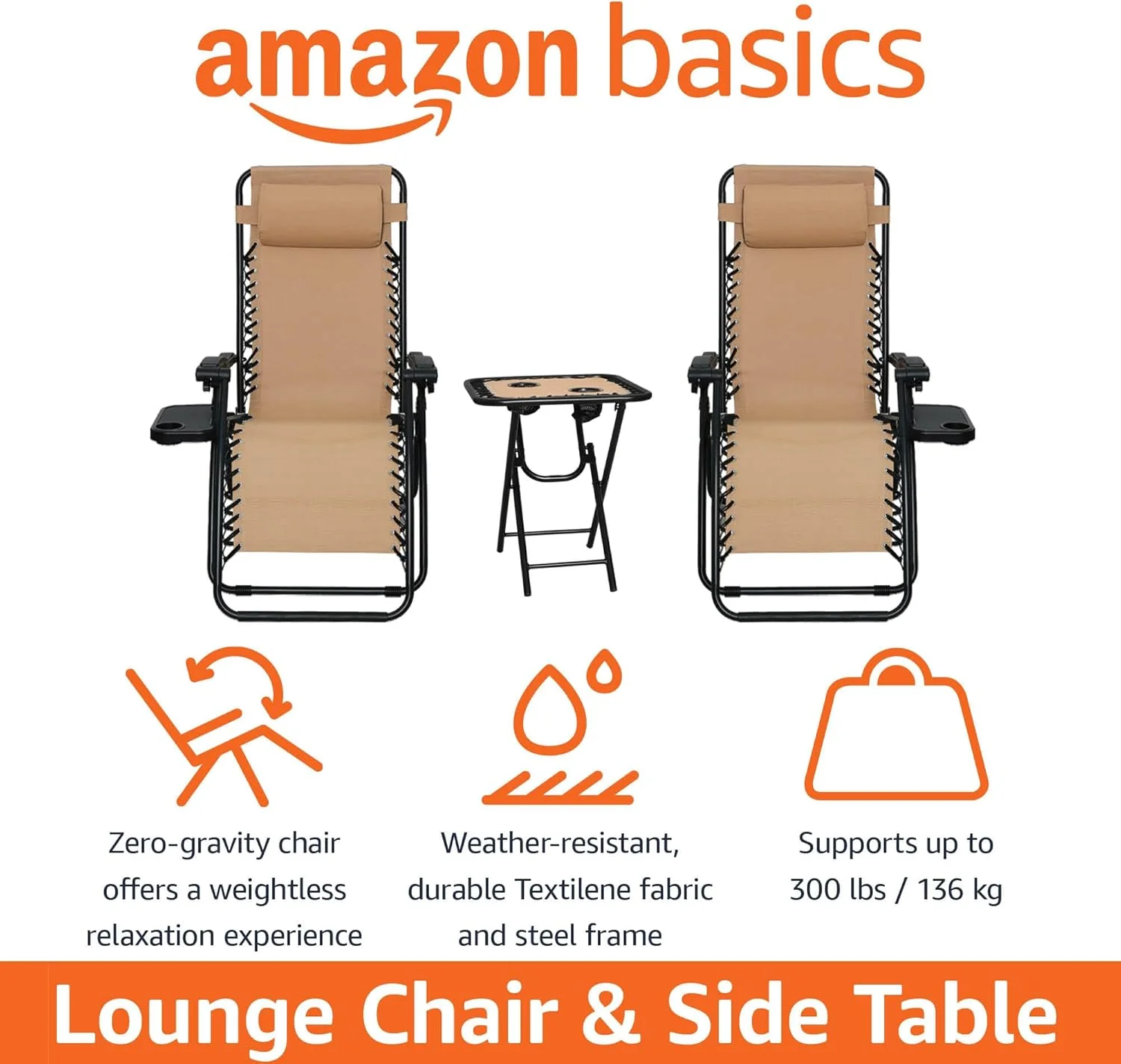 Amazon Basics Outdoor Patio Mesh Adjustable Zero Gravity Lounge Chair Recliners set of 2 with Side Table, 35 x 26 x 43 inches, Beige