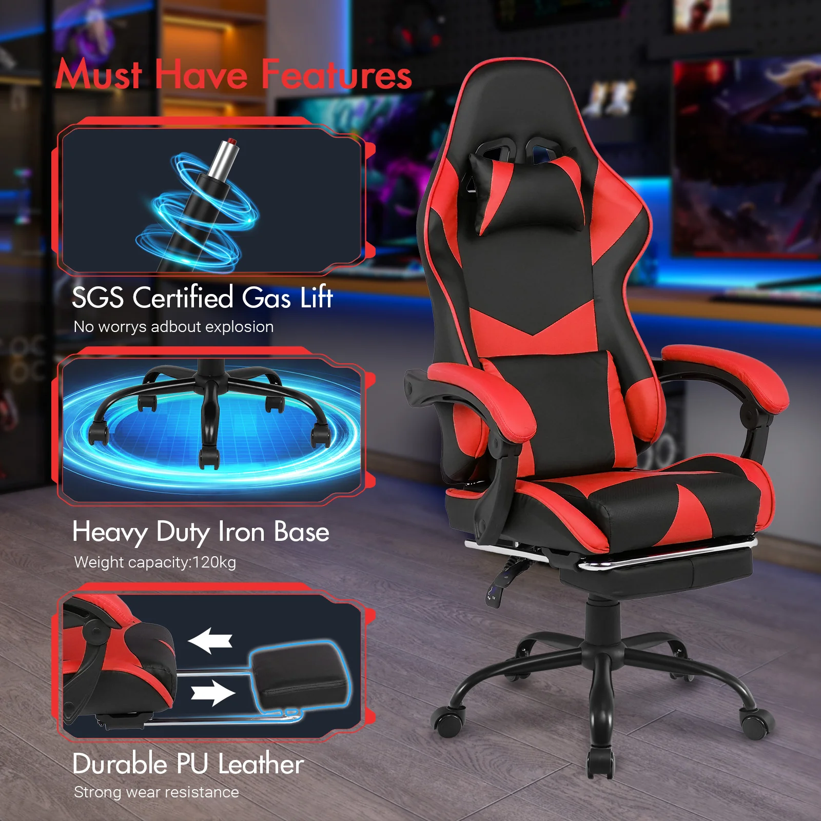 Computer Gaming Chair with Footrest Red