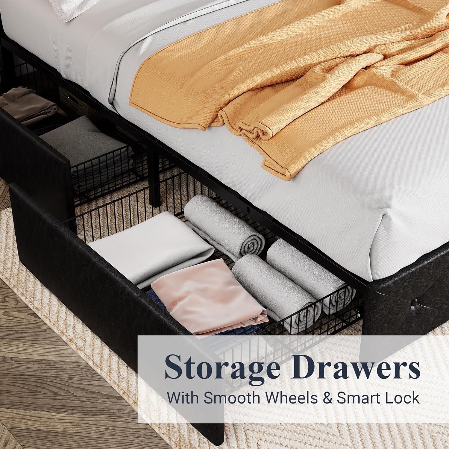 Allewie Upholstered Queen Size Platform Bed Frame with 4 Storage Drawers and Headboard, Square Stitched Button Tufted, Mattress Foundation with Wooden Slats Support, No Box Spring Needed, Light Grey