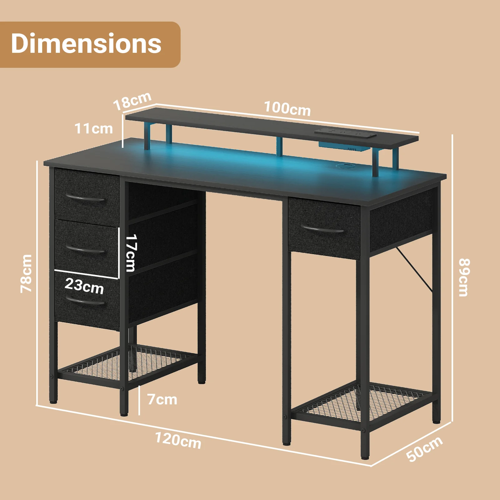 Gaming Desk with LED Lights with Monitor Stand 120cm