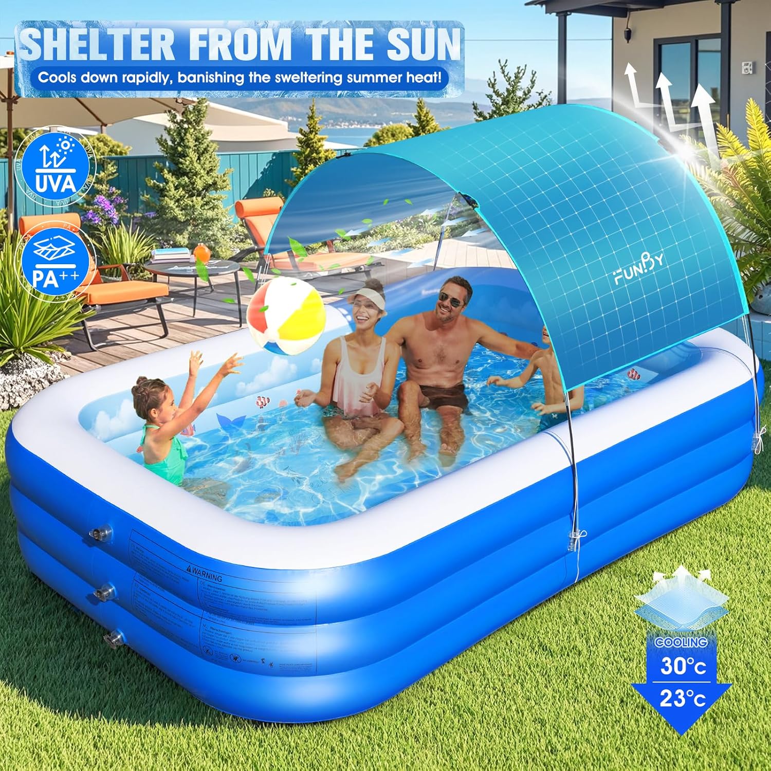 Inflatable Pool with Canopy,Upgraded Inflatable Swimming Pool for Kids,Adult,Large Inflatable Blow up Pools,Ocean Theme Oversized Thickened 105