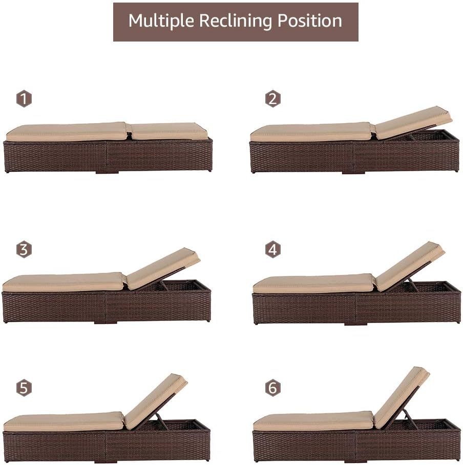 Patiorama Outdoor Patio Lounge Chair, Elegant Reclining Adjustable Pool Rattan Chaise Chair with Beige Cushion, Brown PE Wicker, Steel Frame, Set of 2