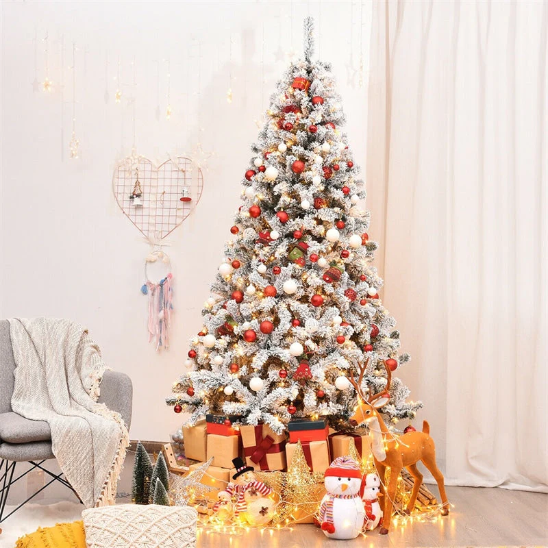 Premium Pre-Lit Snow Flocked Artificial Christmas Tree with Hinged Branch Tips & LED Lights