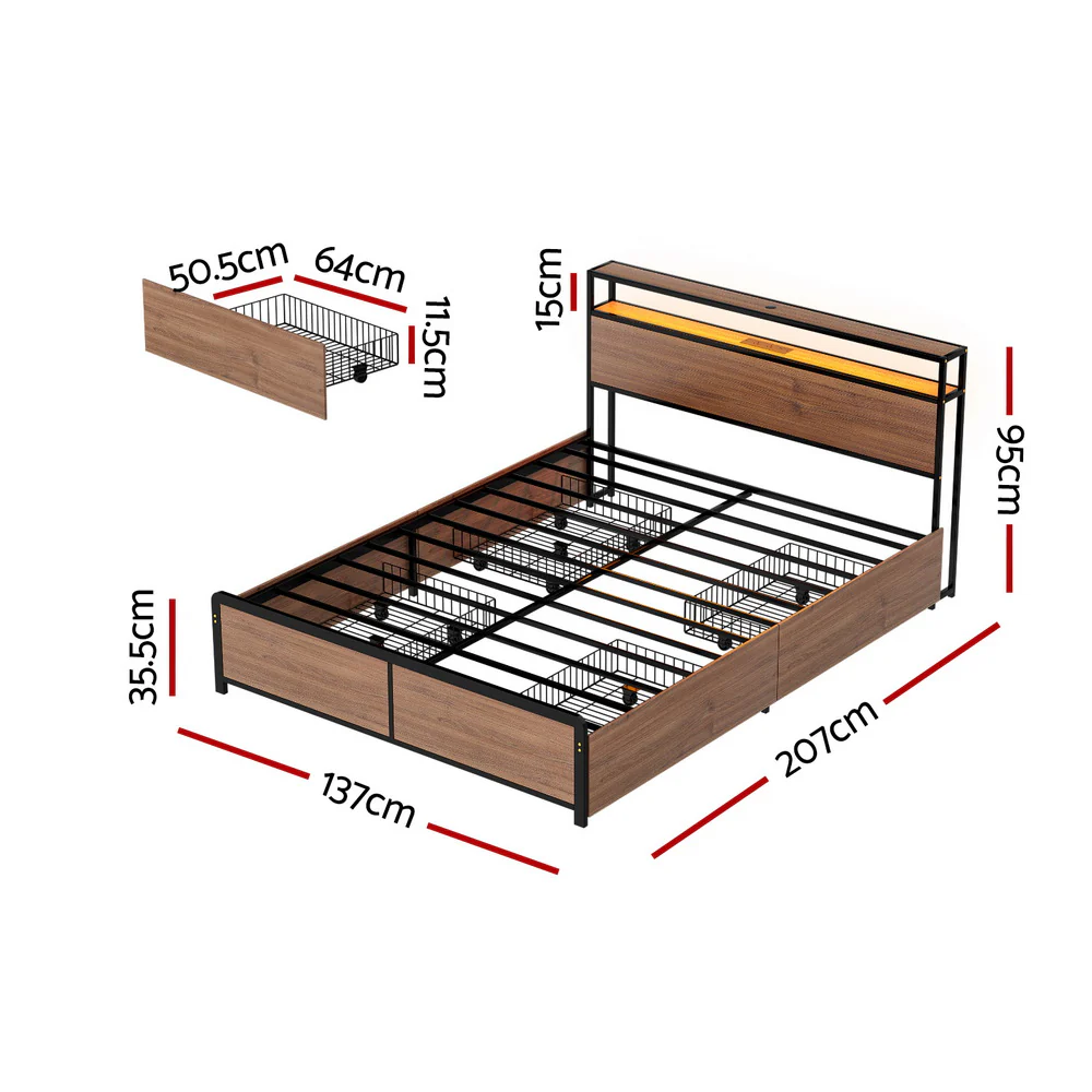 Artiss Metal Bed Frame Double Size with 2-Tier Storage Headboard Metal Platform with 4 Storage Drawers Built in Charging Station & LED Noise-Free/Metal Support/No Box Spring Needed Vintage Brown