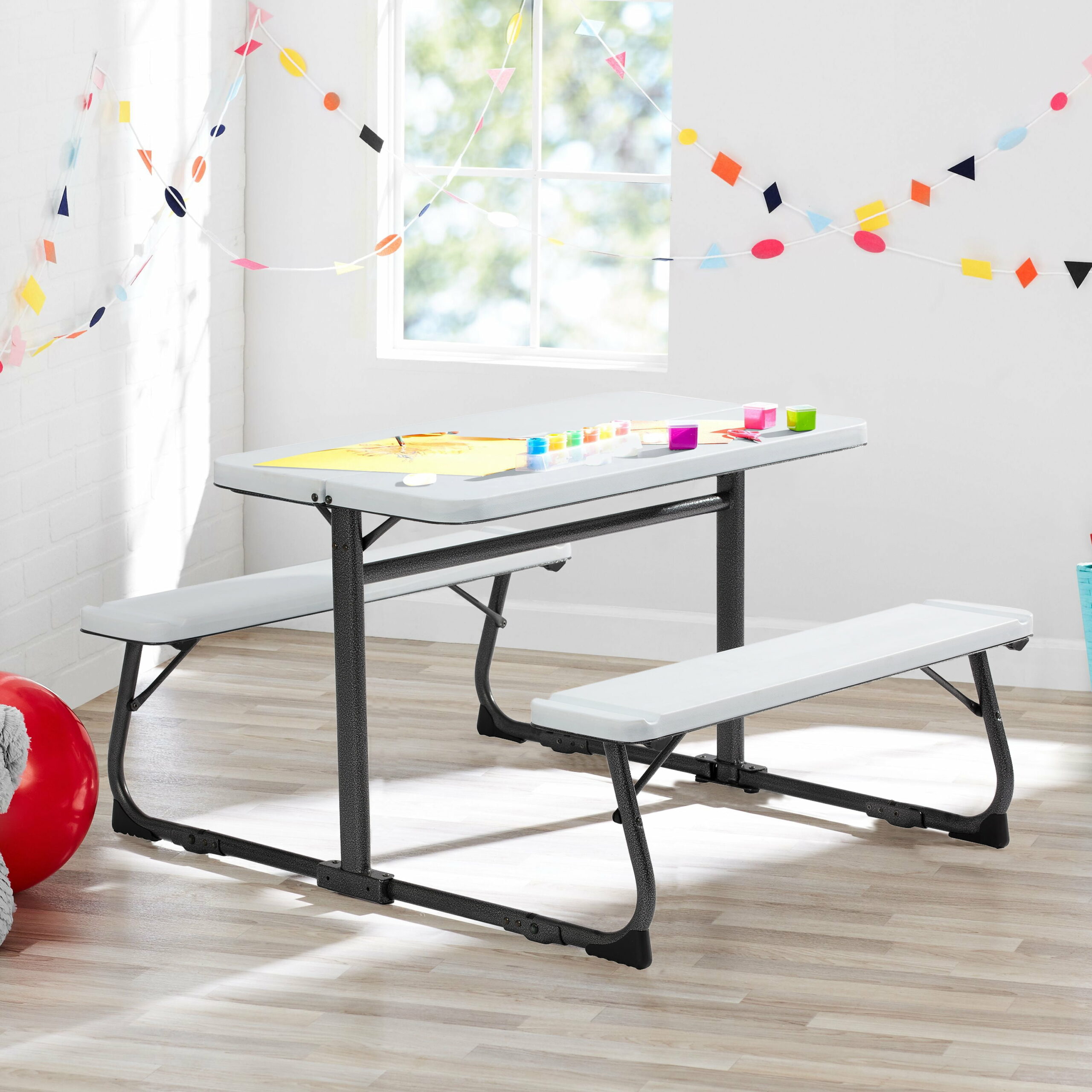 Your Zone Kid��s Folding Activity Table with Benches, White �C Ages 3-8, Easy Storage & Durable