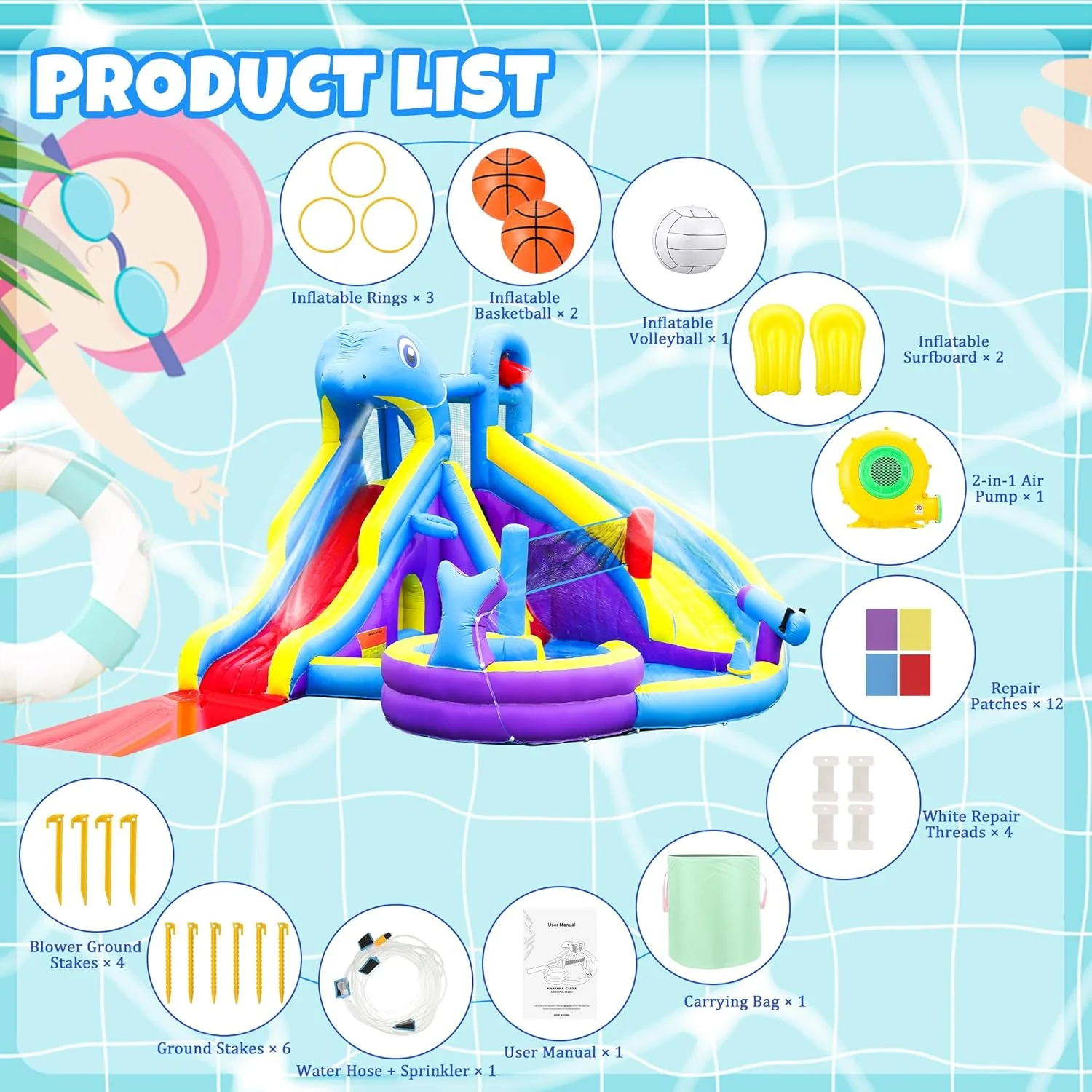 11-in-1 Inflatable Water Slide & Dolphin Bounce House w/2 Long Slides, 19.7 Ft x 13.1 Ft Extra Large Waterslide Climbing Wall w/Small Deeper Pool,Water Cannons,Hoop for Kids Backyard,550W Blower