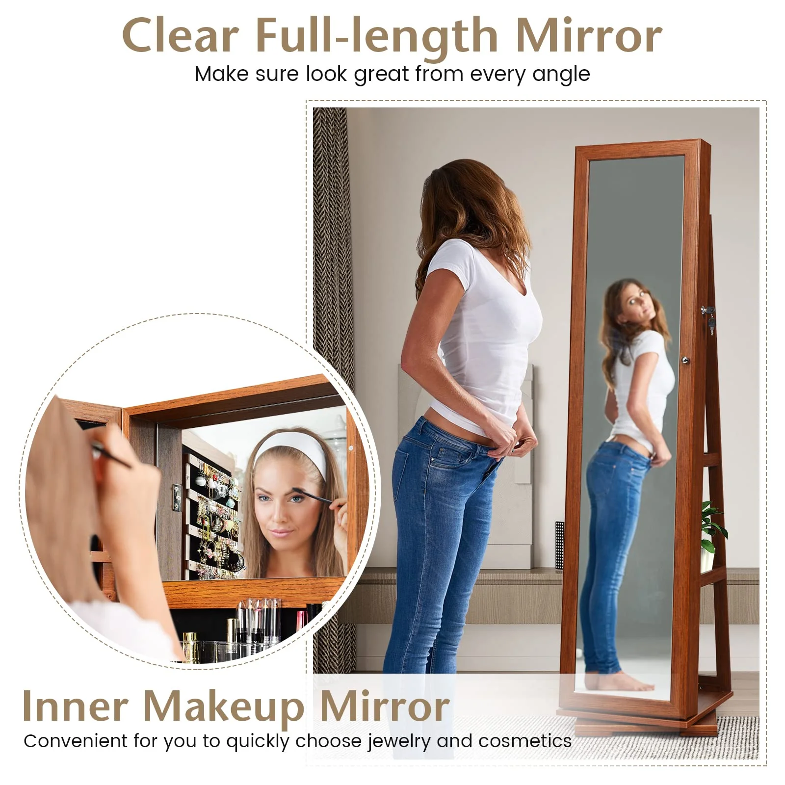 Giantex 360 Rotating Mirrored Jewelry Cabinet, Free Standing Jewelry Armoire, Full Length Mirror