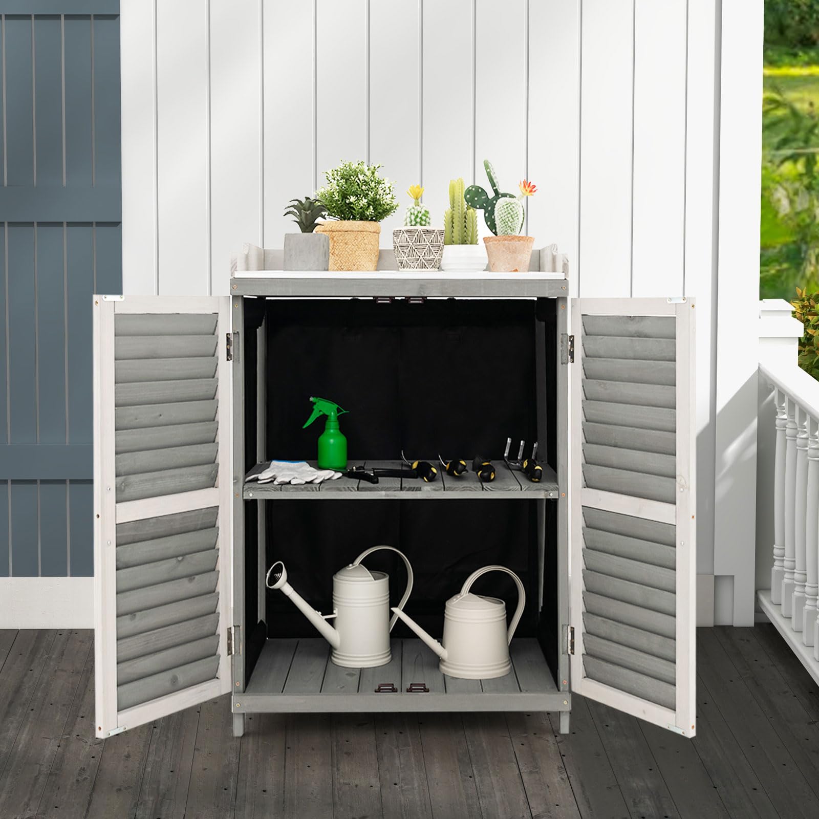 Goplus Outdoor Potting Bench Table, Garden Storage Cabinet w/Metal Tabletop