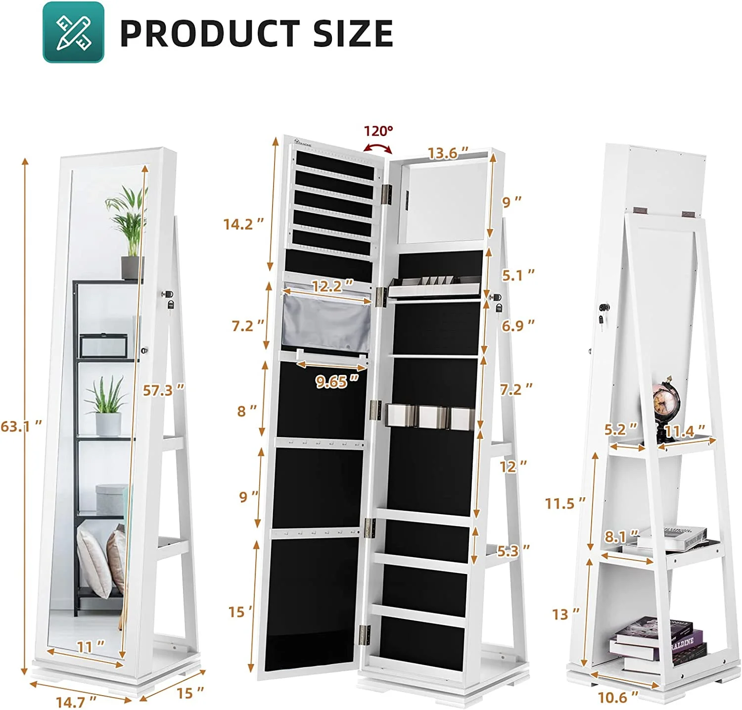 Dextrus 360�� Swivel Jewelry Cabinet, Lockable Standing Jewelry Armoire with Full-Length Mirror, Rear Storage Shelves, White