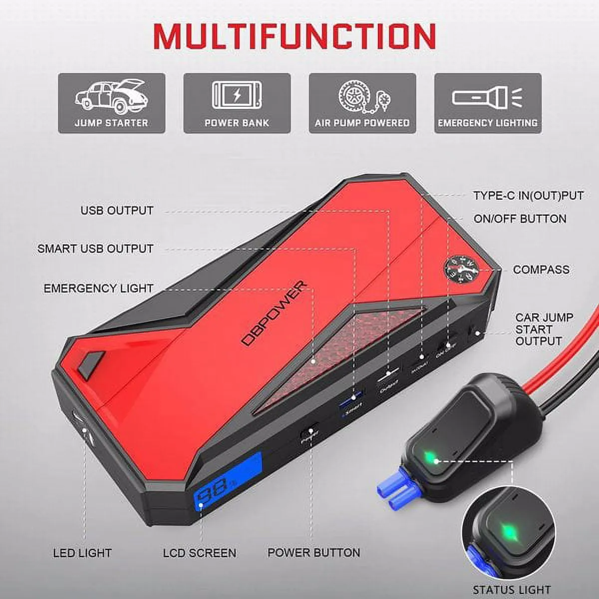 Peak 1600A 18000mAh Car Battery Jump Starter, up to 7.2 Gas, 5.5L Diesel Engines, Portable Battery Booster with Smart Charging Port, LCD Display, Intelligent Jumper Clamps, DJS90, Red Black