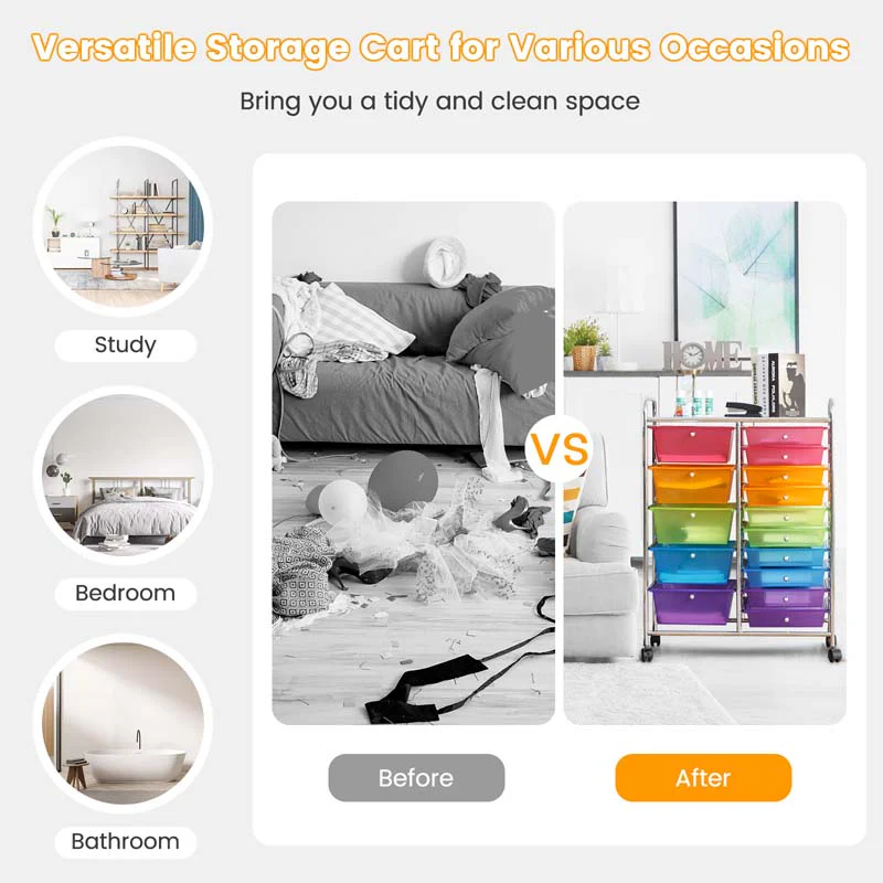 15-Drawer Storage Drawer Cart Tools Scrapbook Paper Organizer Cart Office School Utility Cart Rolling Storage Cart with Wheels