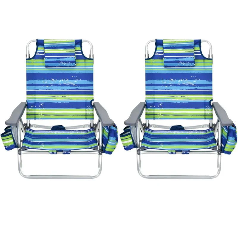 2-Pack Folding Beach Chair, Backpack Lawn Chairs, Sling Camping Chair, Patio Reclining Chairs with 5 Adjustable Position, Head Pillow
