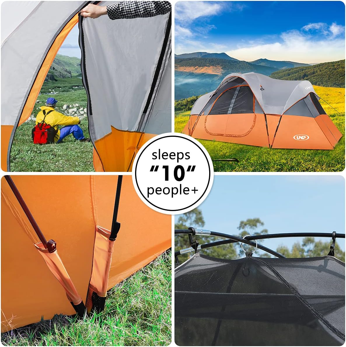UNP Camping Tent 10-Person-Family Tents, Parties, Music Festival Tent, Big, Easy Up, 5 Large Mesh Windows, Double Layer, 2 Room, Waterproof, Weather Resistant, 18ft x 9ft x78in
