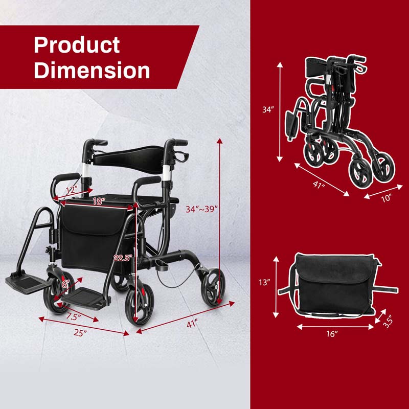 2 in 1 Folding Rollator Walker with Seat & Bag, Aluminum Medical Walker Rolling Transport Chair Mobility Walking Aid