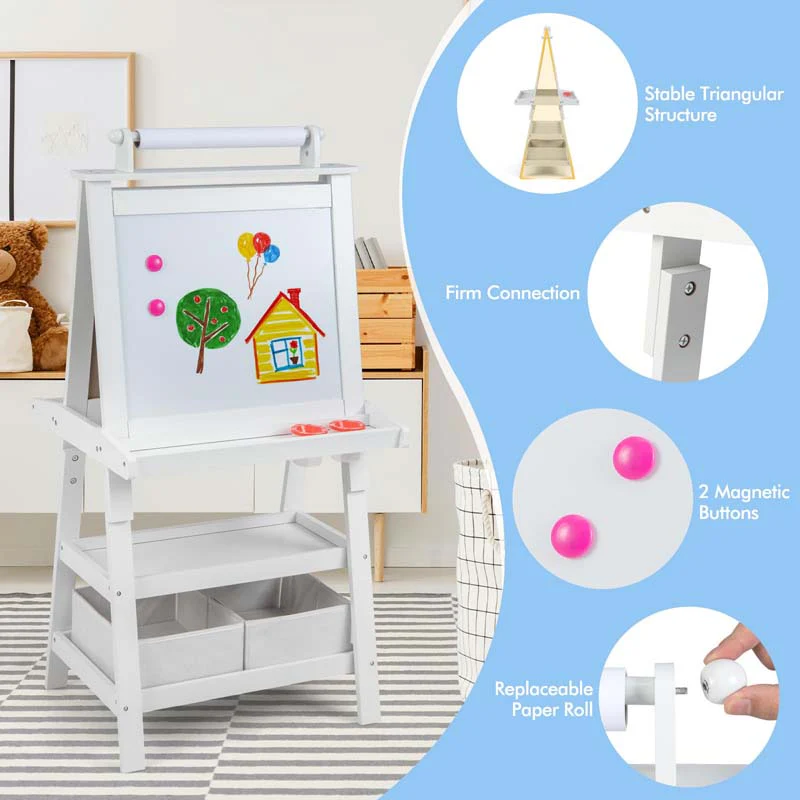 3-in-1 Double-Sided Kids Art Easel, Wooden Storage Toddler Easel with Magnetic White Board & Chalkboard, Paper Roll, Painting Dry Erase