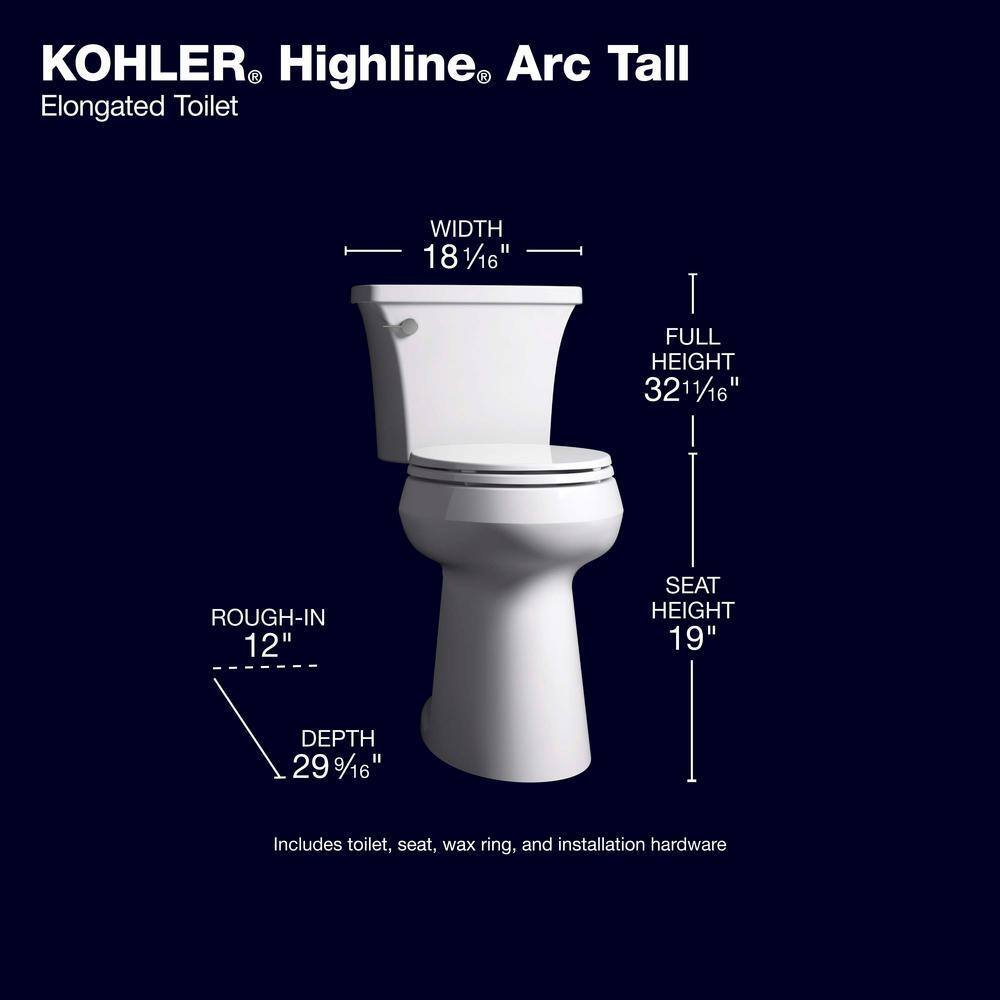 KOHLER Highline Arc Extra Tall Elongated Toilet 1.28 GPF White with Seat