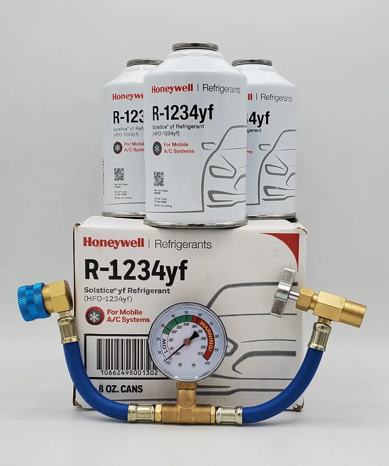 Genuine 8oz R1234YF Refrigerant (3 Freon Cans) & HD Brass Can Tap with Gauge-Honey Well