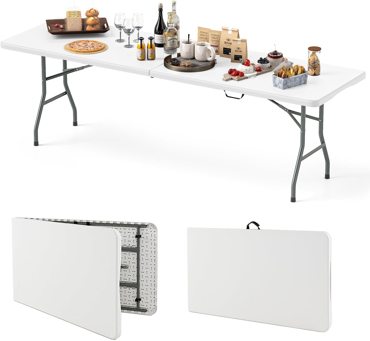8ft Plastic Folding Table, 350 LBS Outdoor Heavy Duty Folding Tables with HDPE Tabletop, Handle