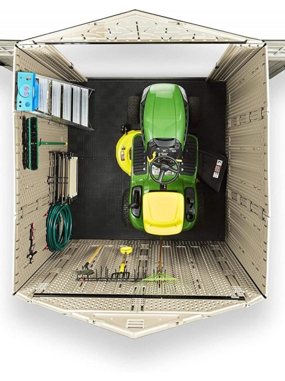 Rubbermaid 7��7 Ft Durable Weather Resistant Resin Outdoor Garden Storage Shed with Windows and Utility Hooks, Sand