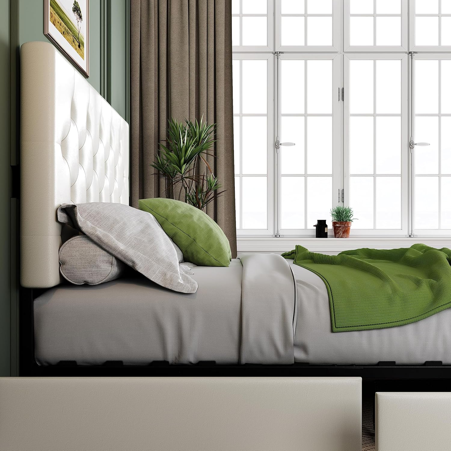 Allewie Upholstered Queen Size Platform Bed Frame with 4 Storage Drawers and Headboard, Square Stitched Button Tufted, Mattress Foundation with Wooden Slats Support, No Box Spring Needed, Light Grey