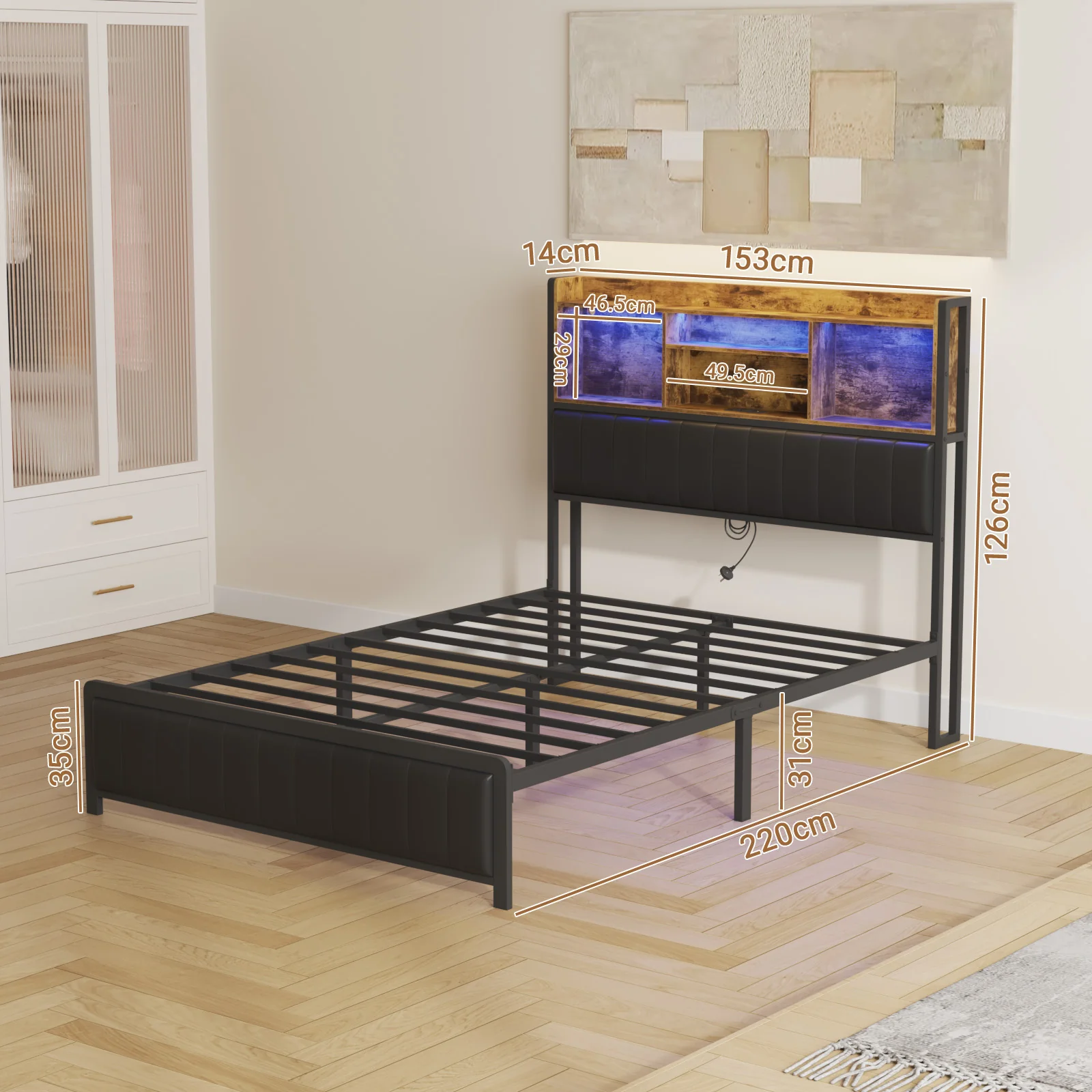 Bed Frame with Charging Station & LED Storage Shelf