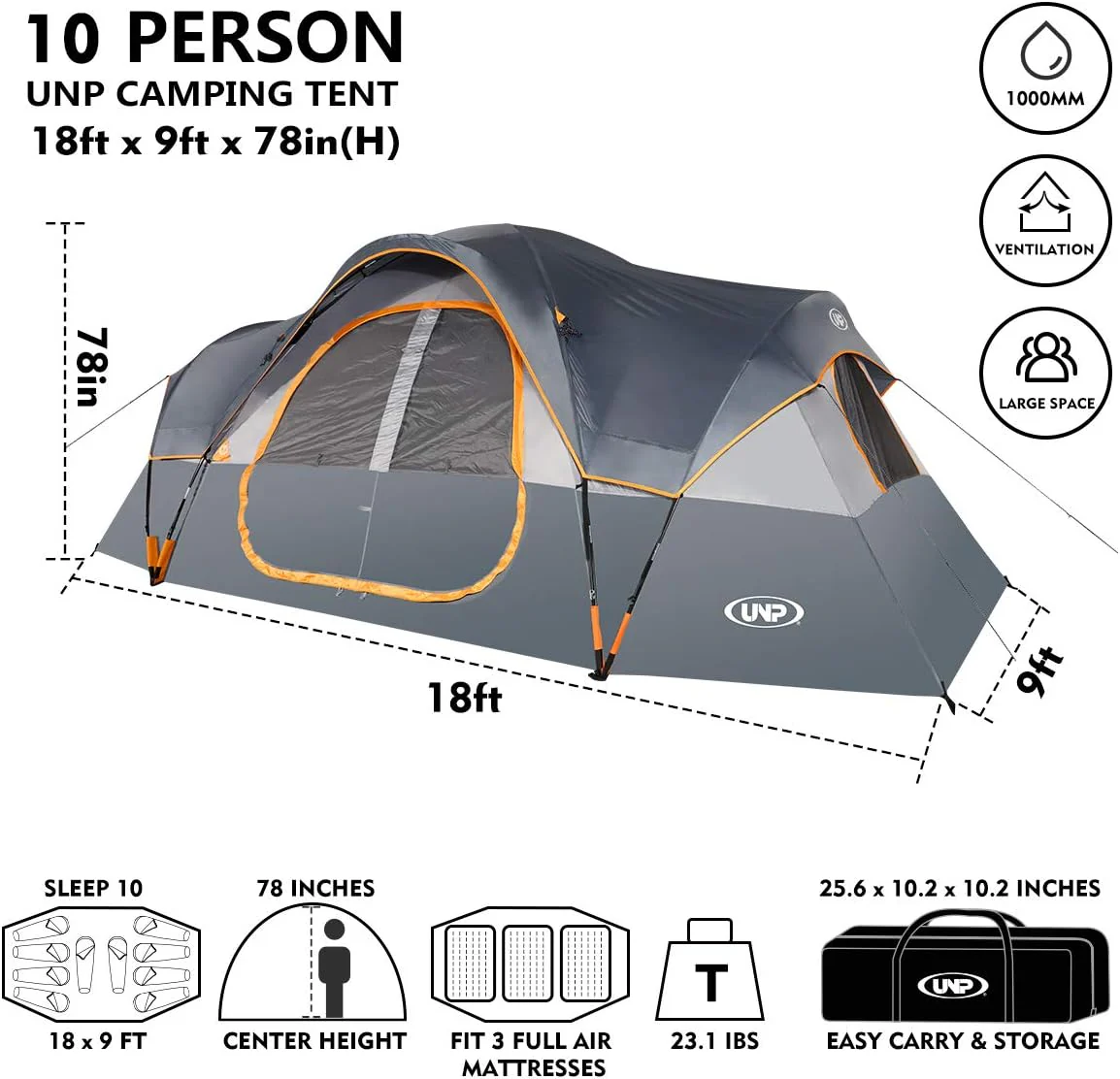 UNP Camping Tent 10-Person-Family Tents, Parties, Music Festival Tent, Big, Easy Up, 5 Large Mesh Windows, Double Layer, 2 Room, Waterproof, Weather Resistant, 18ft x 9ft x78in