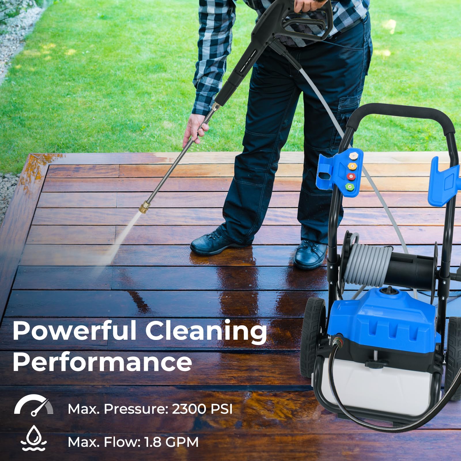 Electric Pressure Washer, 2300 PSI 1.8 GPM High Pressure Power Washer w/Wheels, 5 Quick Connect Nozzles
