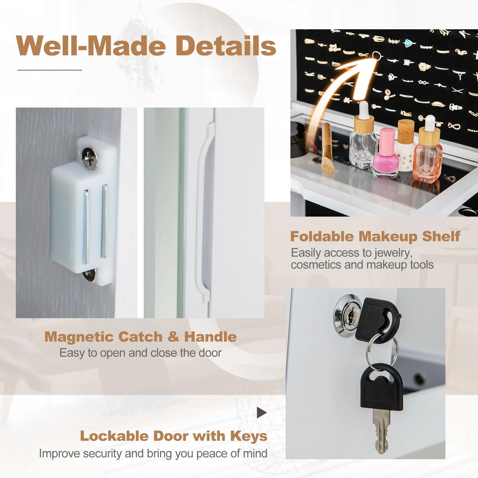 Giantex 160 cm Standing Jewelry Cabinet w/Adjustable LED Lights, 360?? Swivel Lockable Jewelry Armoire Organizer w/Full-Length Mirror