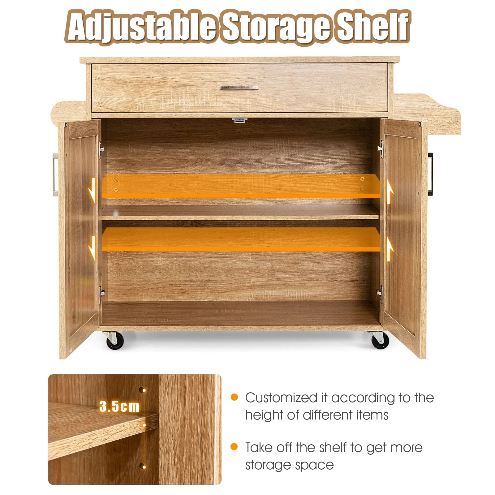 Giantex Wooden Rolling Kitchen Island, Storage Cart Trolley w/ Adjustable Shelf, Spice Storage Sgelf, Towel Rack & Drawer