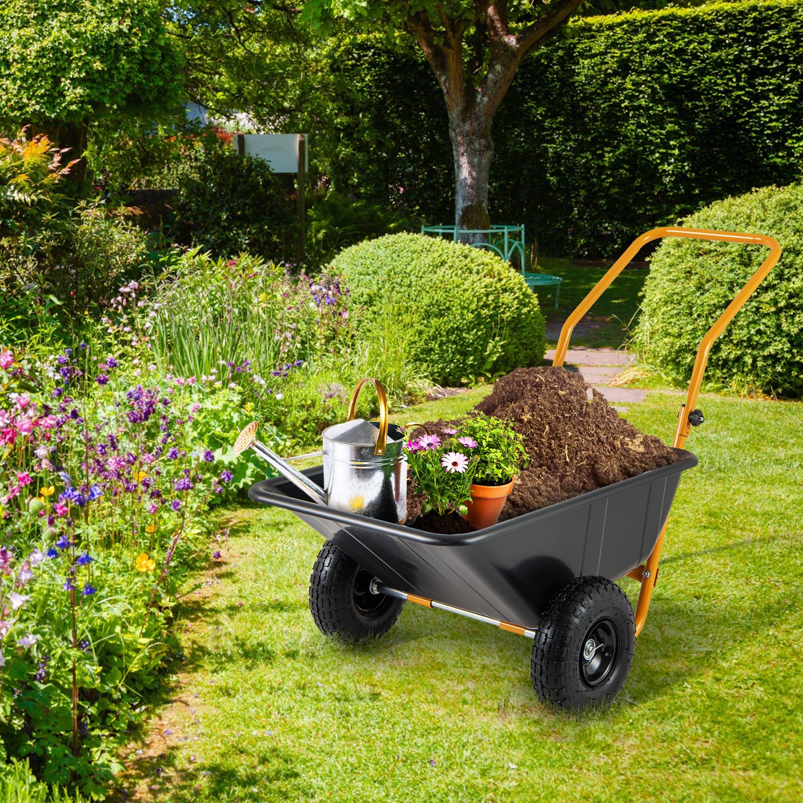 Dual-Wheel Wheelbarrow, Heavy-Duty Garden Utility Cart w/Pneumatic Tires, 330LBS Capacity