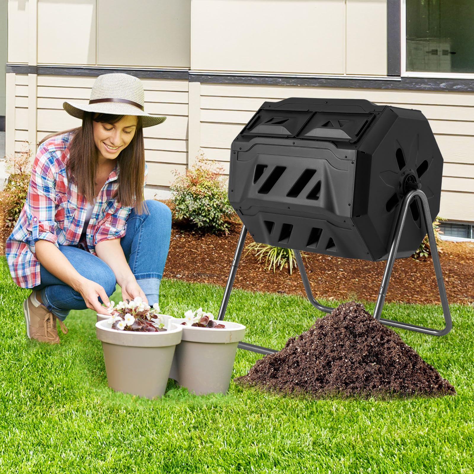 Compost Bin, 42-Gal Dual Chamber Composting Tumbler w/2 Sliding Doors, Heavy-Duty Metal Frame