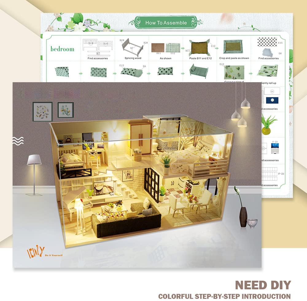 Dollhouse Miniature with Furniture Kit Plus Dust Proof and Music Movement - Happy time 1:24 Scale Creative Room Idea