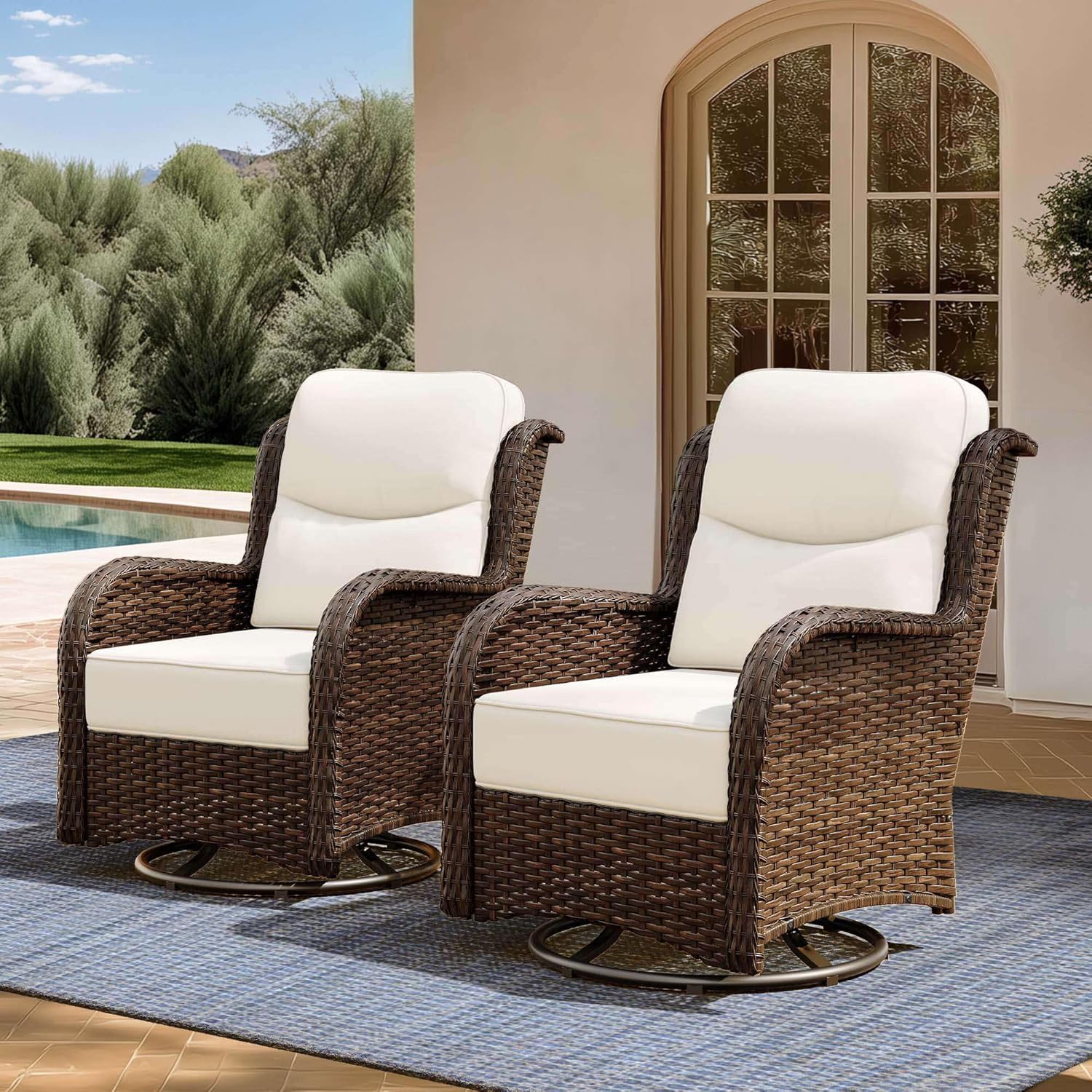 Outdoor Swivel Rocker Patio Chairs with 6-Inch Thick Cushions and Side Table, 3PCS High Back Wicker Patio Furniture Set for Porch, Balcony, Deck and Yard in Blue