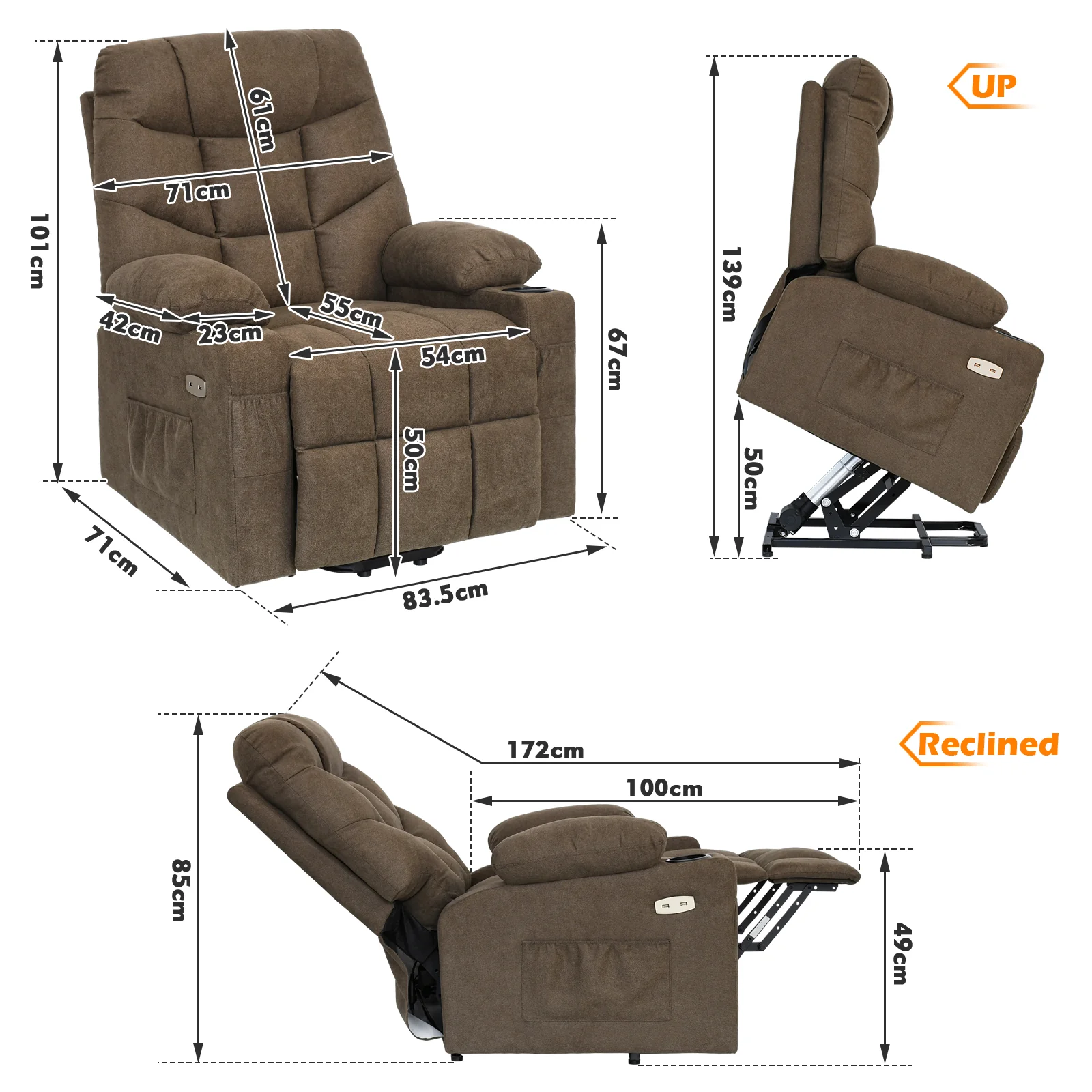 Recliner Chair 45-140 Degree tilt Brown