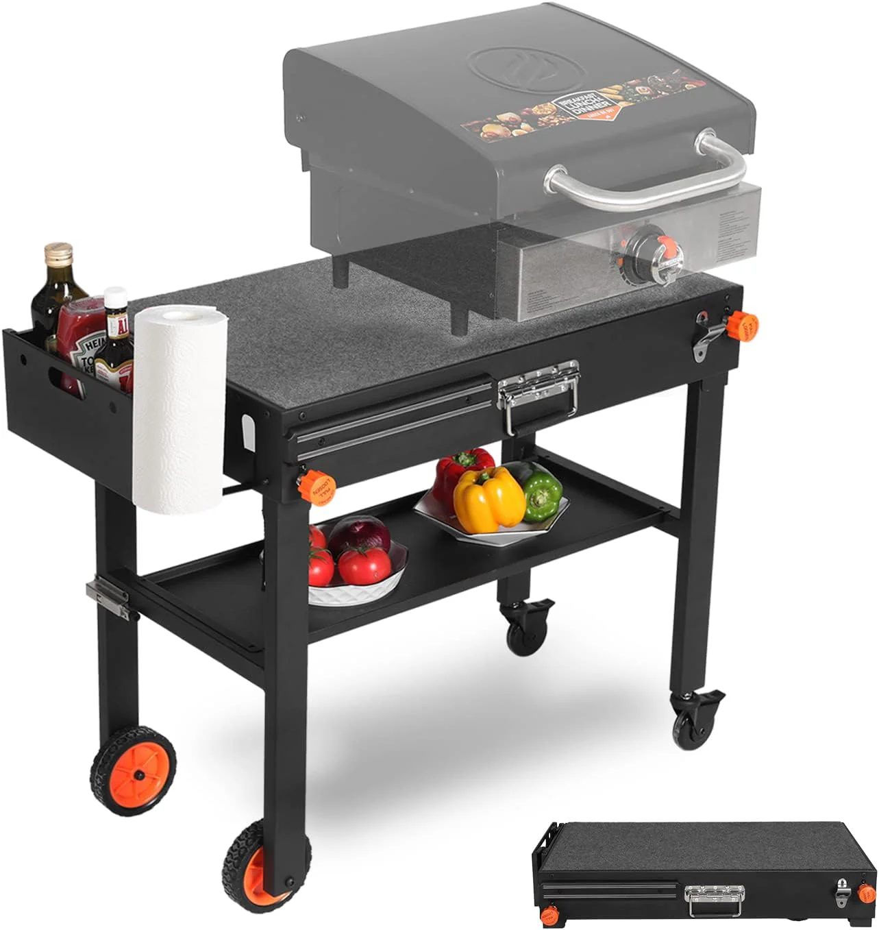 Portable Outdoor Grill Table, Folding Grill Cart Solid and Sturdy, Blackstone Griddle Stand Large Space, Blackstone Table with Paper Towel Holder, Grill Stand for Blackstone Griddle, Ninja Grills etc
