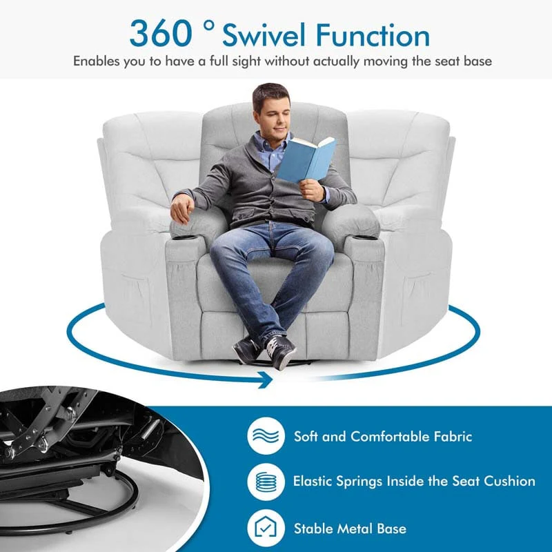360�� Swivel Electric Massage Recliner Rocking Chair Single Soft Sofa with Heater & Retractable Footrest