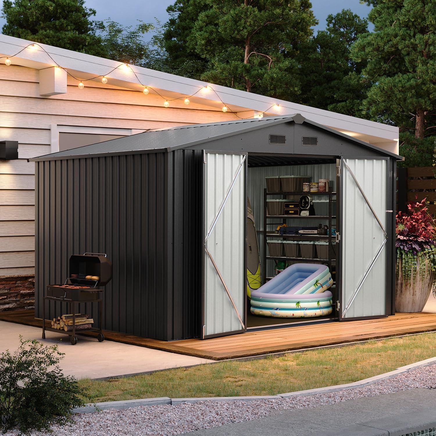 5x2.7 FT Outdoor Metal Storage Shed - Durable Water-Resistant Galvanized Steel, Sloping Roof Design, Lockable Door - Ideal for Tool Storage on Lawn, Patio & Backyard (Black)