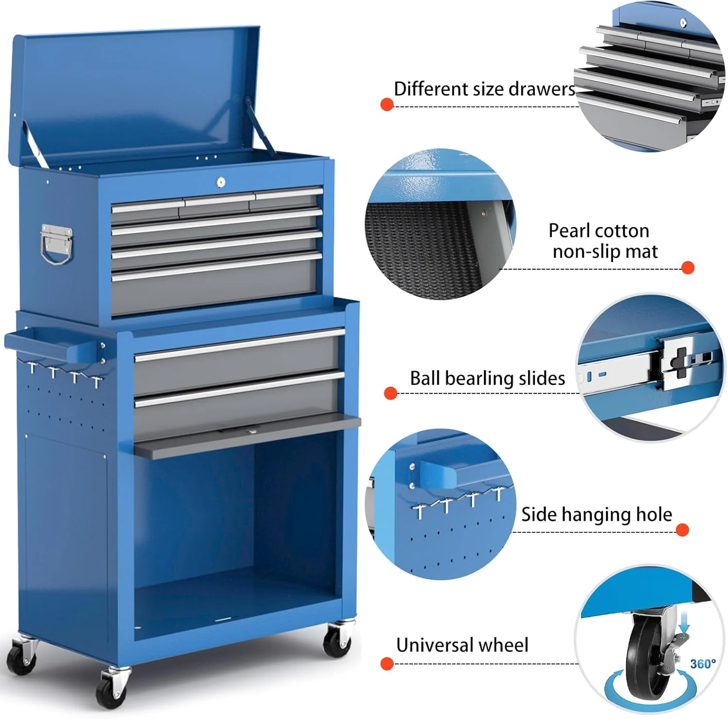 Tool Chest 8-Drawer | 42'' Large Rolling Tool Chest with Wheels | Detachable Top Metal Tool Box | Garage Storage Cabinet for Repair Room,Warehouse | Rolling Tool Box with Hooks,Liners,Tray Divider