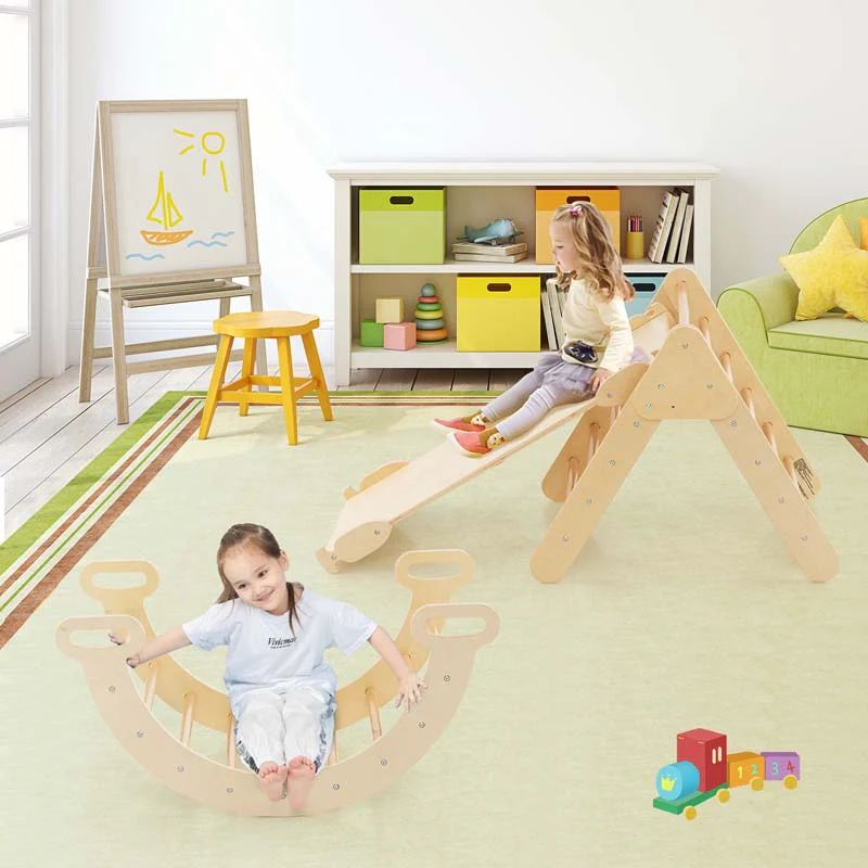 5-in-1 Montessori Wooden Climbing Toys for Toddlers, Arch Climber Ladder with Sliding Ramp, Kids Triangle Climber Play Gym Set