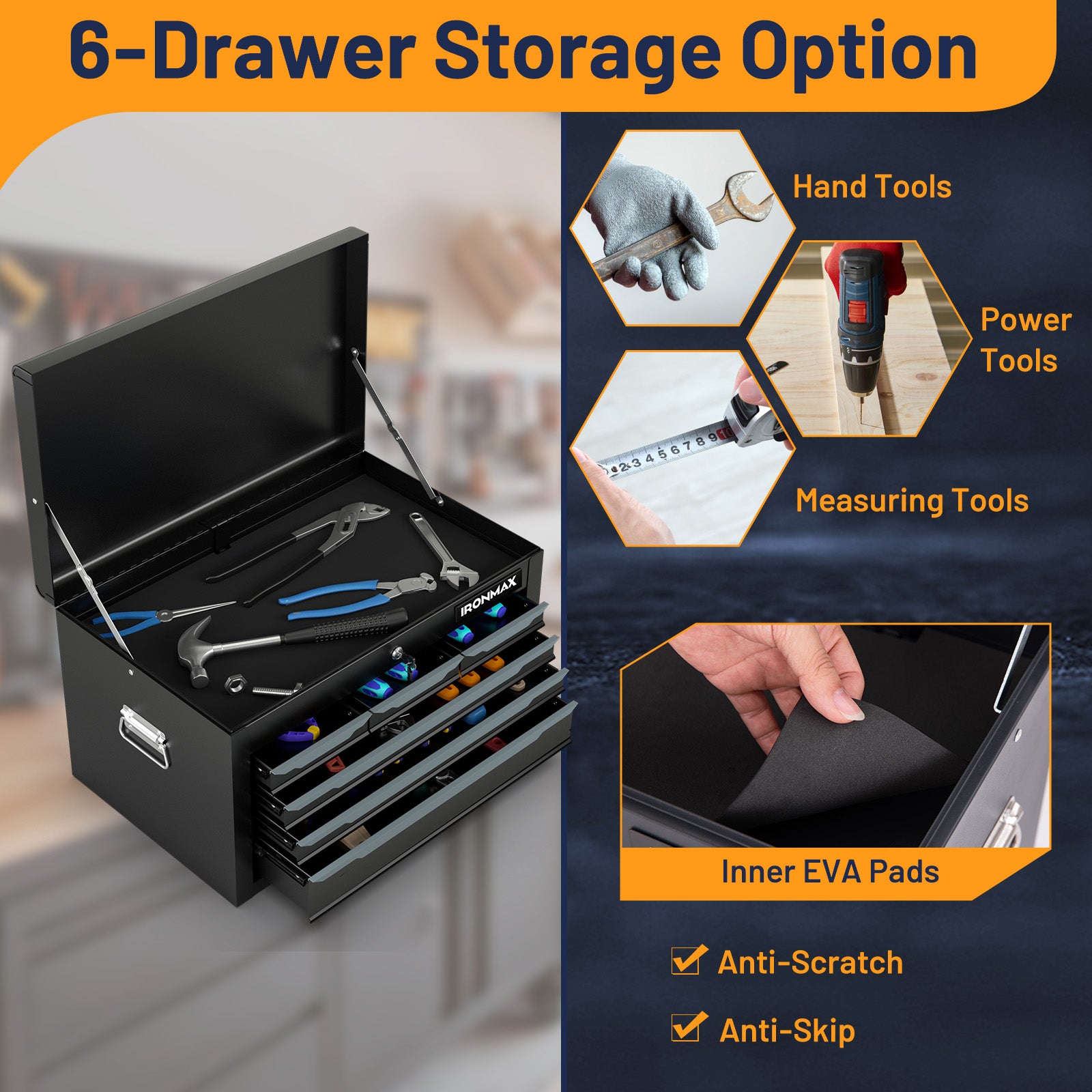 Steel Tool Box, 24�� Tool Chest Case with 6 Drawers, Top Storage, Automatic Lock