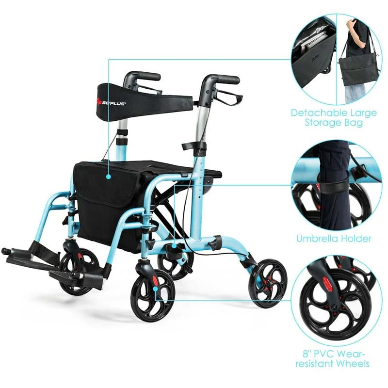 2 in 1 Rollator Walker Wheelchair Folding Medical Walker, Aluminum Transport Chair Mobility Walking Aid