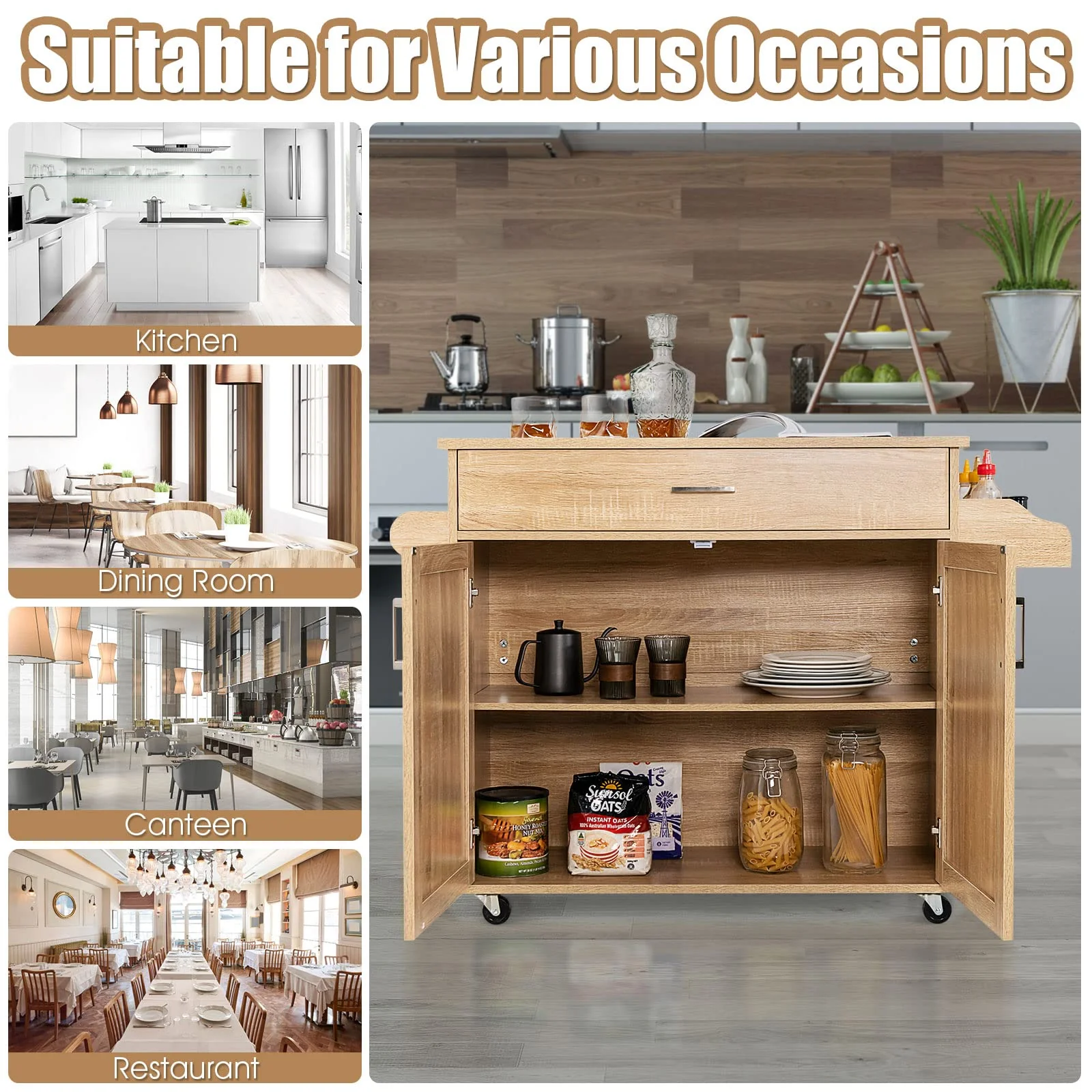 Giantex Wooden Rolling Kitchen Island, Storage Cart Trolley w/ Adjustable Shelf, Spice Storage Sgelf, Towel Rack & Drawer