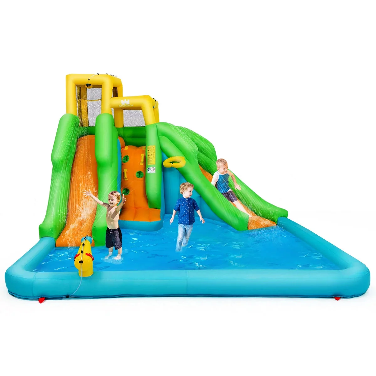 Inflatable Water Park Bounce House w/Climbing Wall Two Slides and Splash Pool
