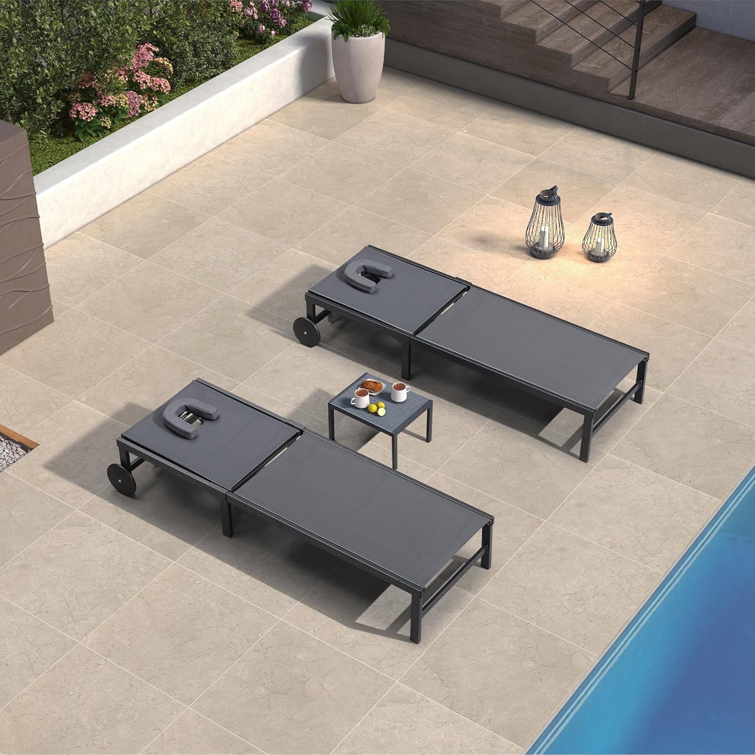 PURPLE LEAF Patio Tanning Lounge Chair Set with Face Down Hole Outdoor Aluminum Adjustable Reclining Chairs Wheels Pillows and Table for Poolside Beach Sunbathing Lounger, Beige