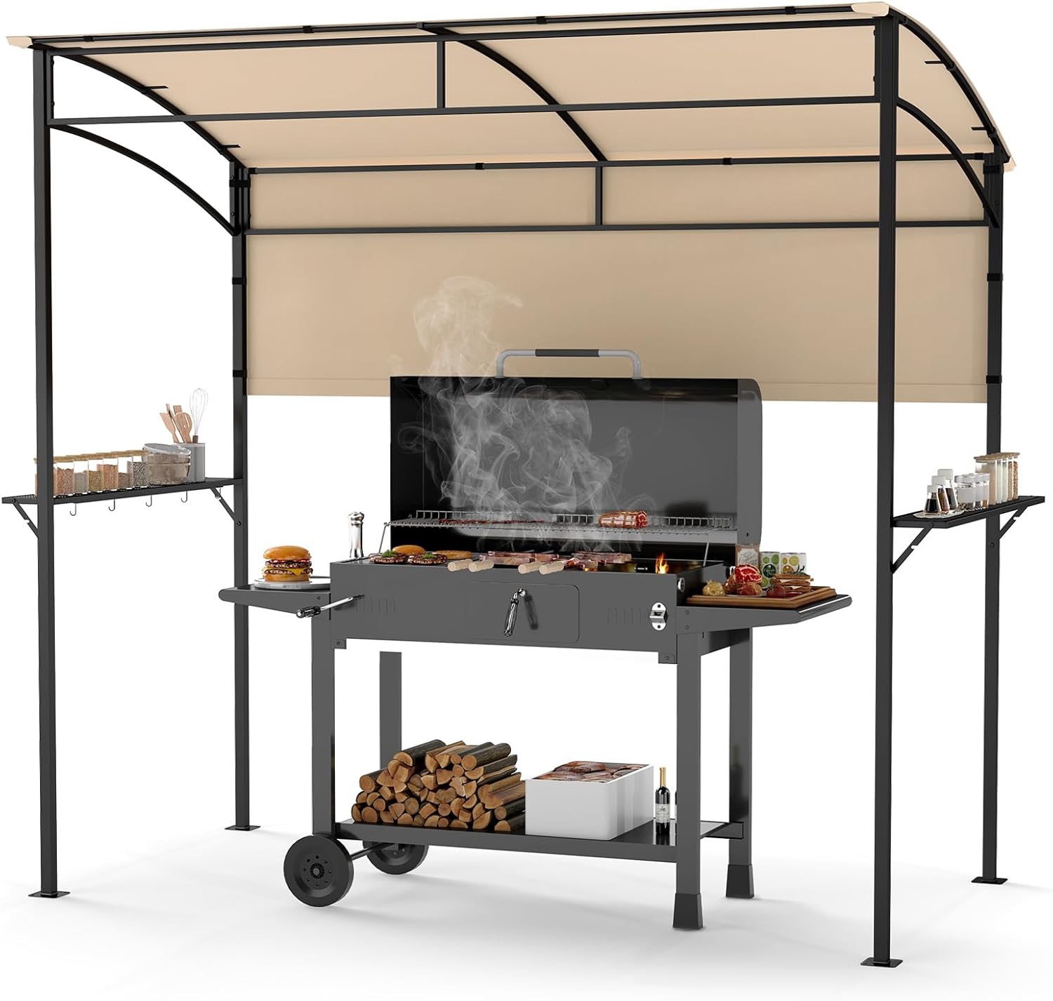 Costway 238 x 134 cm Grill Gazebo, Outdoor Patio BBQ Canopy w/Steel Shelves, Hooks, Bottle Openers, Extra Shadow, Soft Top Barbecue Picnic Tent Shelter for Backyard Deck Garden Lawn, Sun-Protective