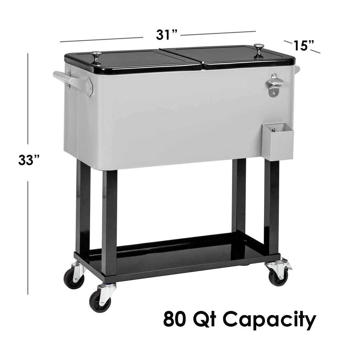 80 Quart Qt Rolling Cooler Ice Chest for Outdoor Patio Deck Party, Grey, Portable Party Bar Cold Drink Beverage Cart Tub, Backyard Cooler Trolley on Wheels with Shelf, Stand, & bottle opener